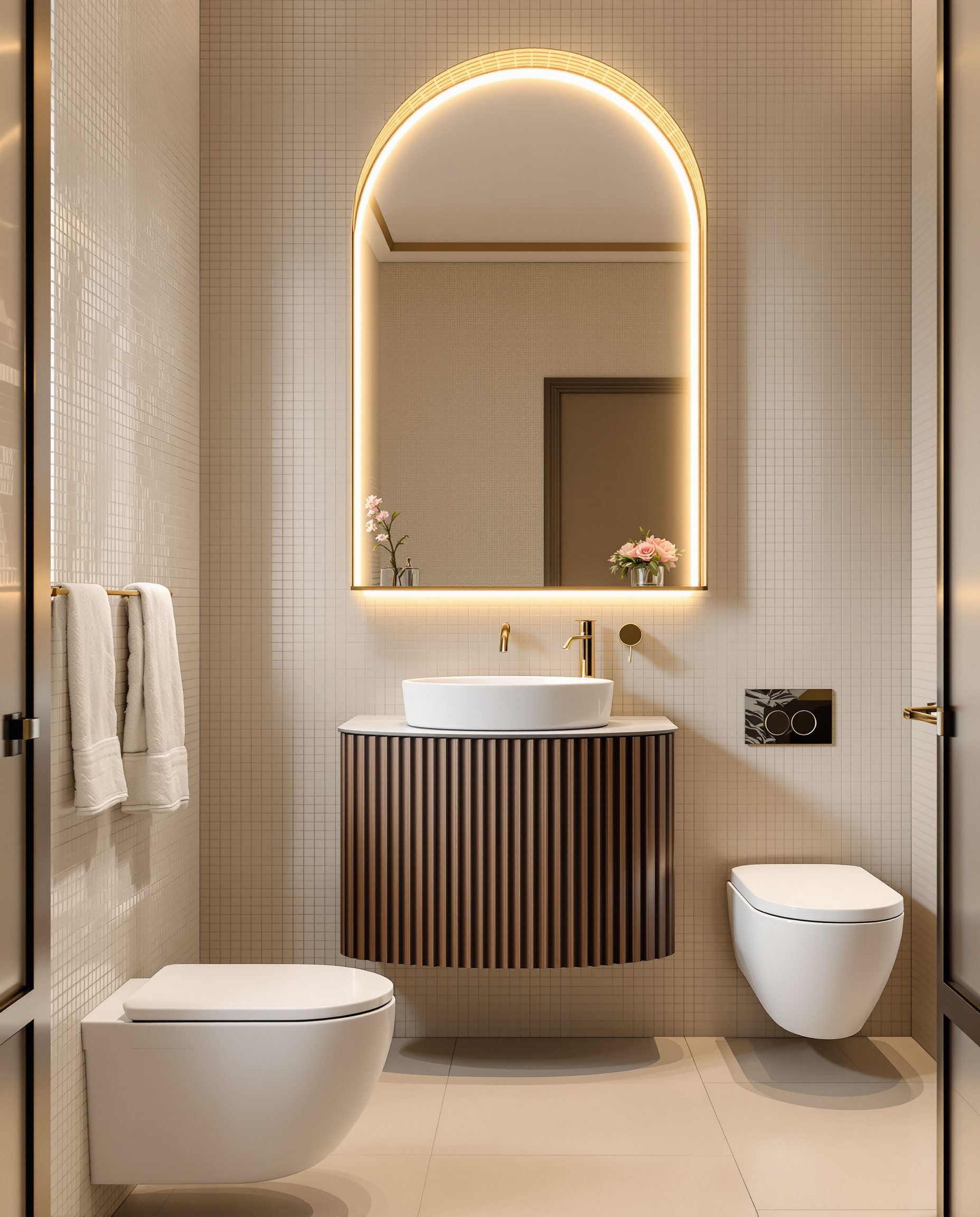 Bathroom With Arched Mirror & Fluted Vanity — Walnut Classic