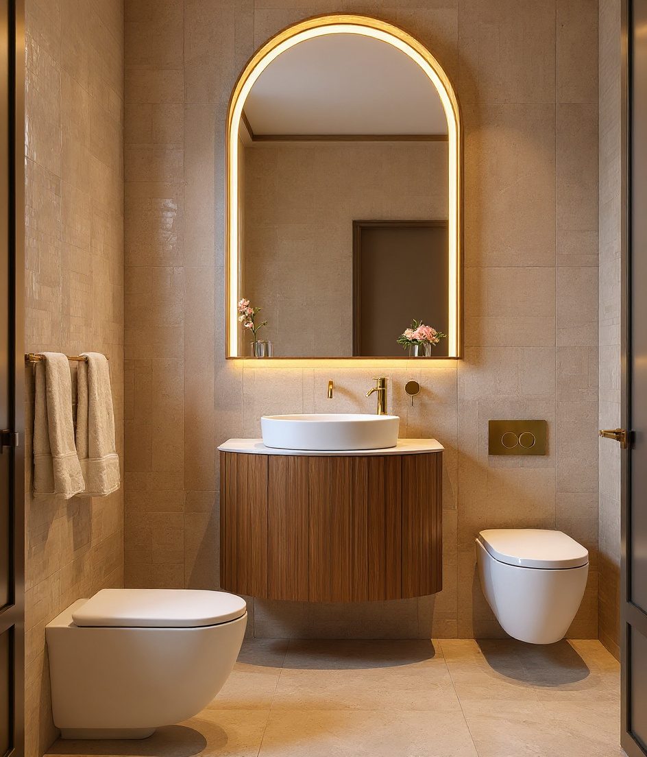 Bathroom With Arched Mirror & Fluted Vanity — Warm Oak