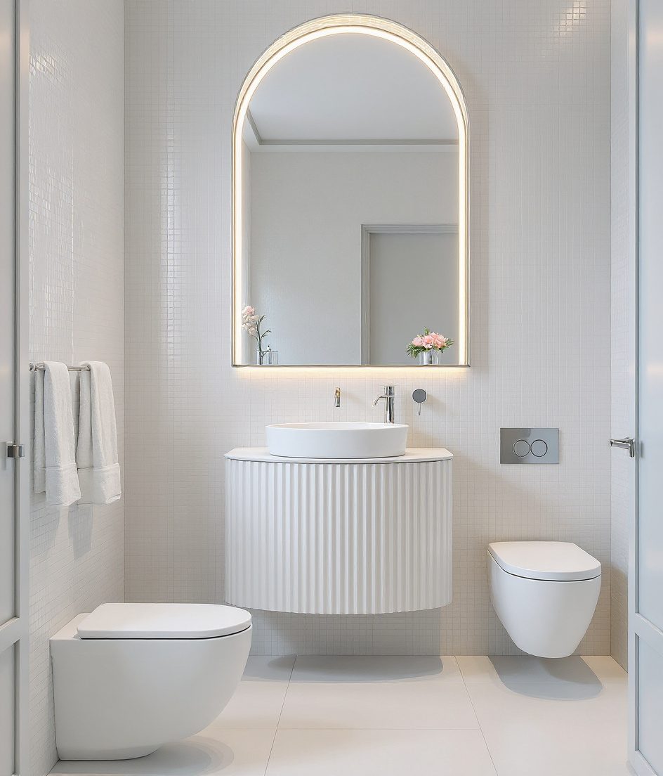 Bathroom With Arched Mirror & Fluted Vanity — White Modern
