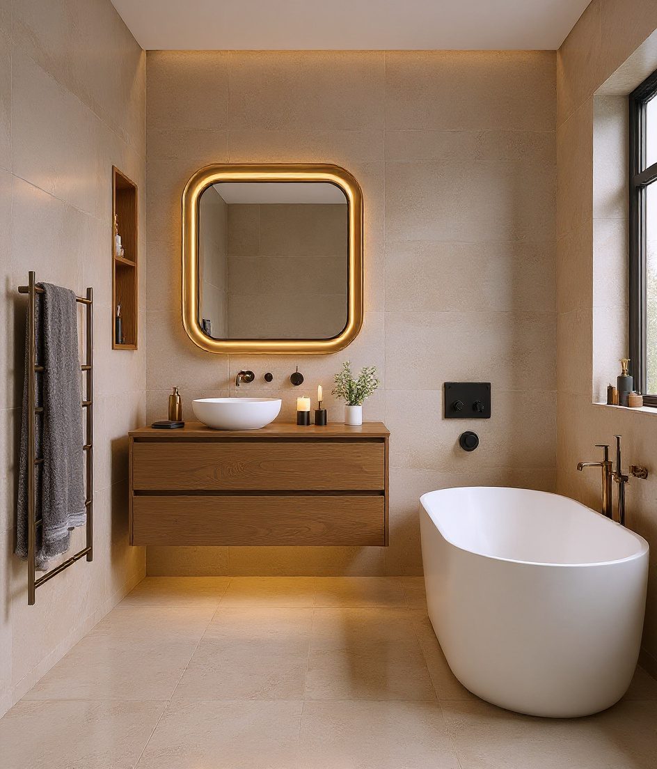 Luxury Dark & Moody Bathroom — Warm Oak