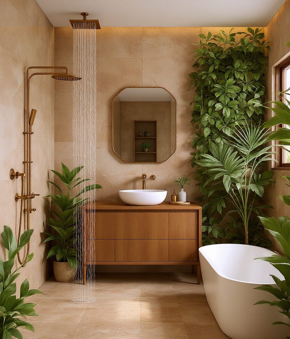 Luxury Biophilic Spa Bathroom — Warm Oak