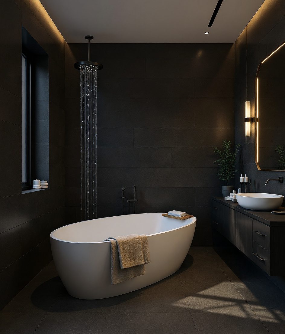 Luxury Spa Bathroom In Natural Stone — Charcoal Minimal