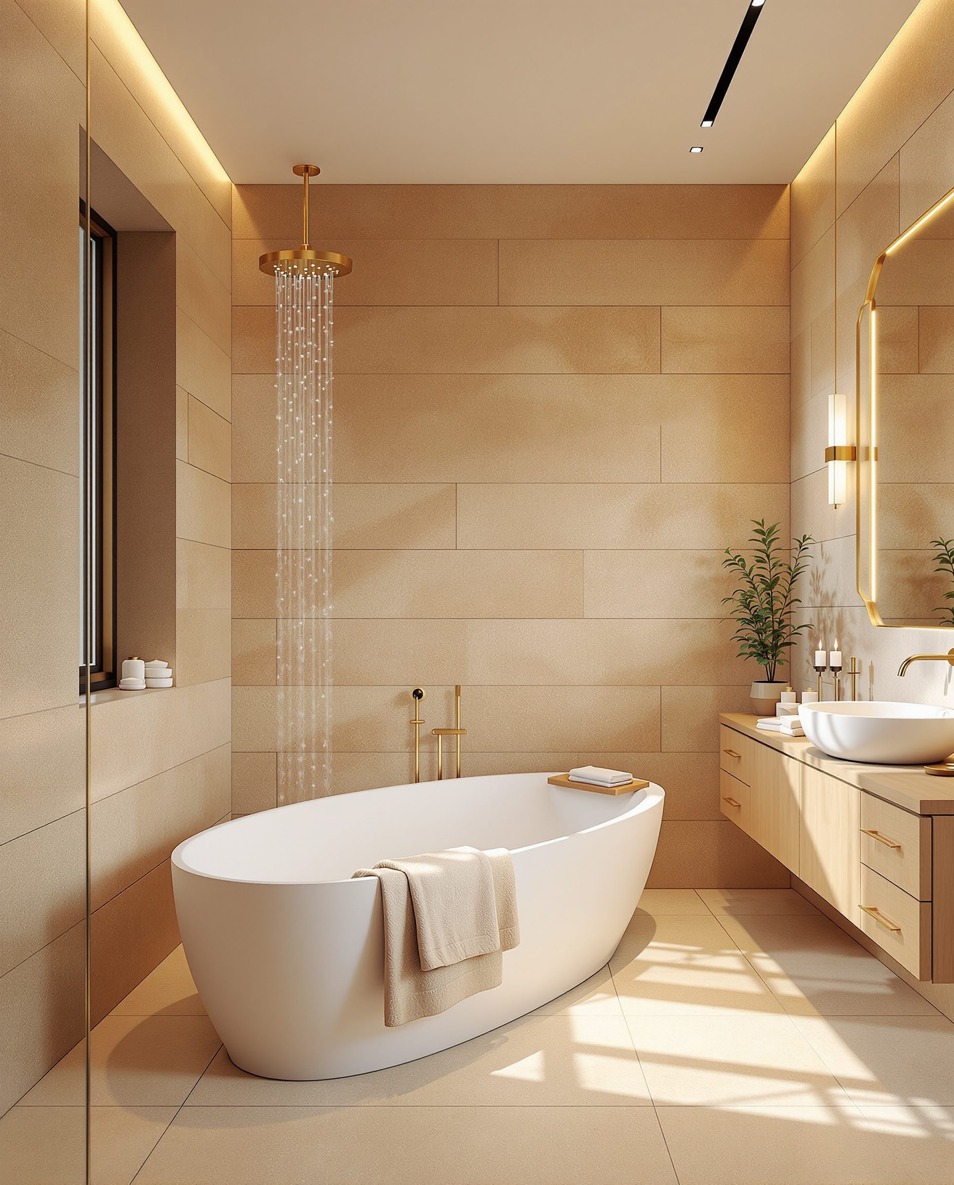 Luxury Spa Bathroom In Natural Stone — Warm Oak