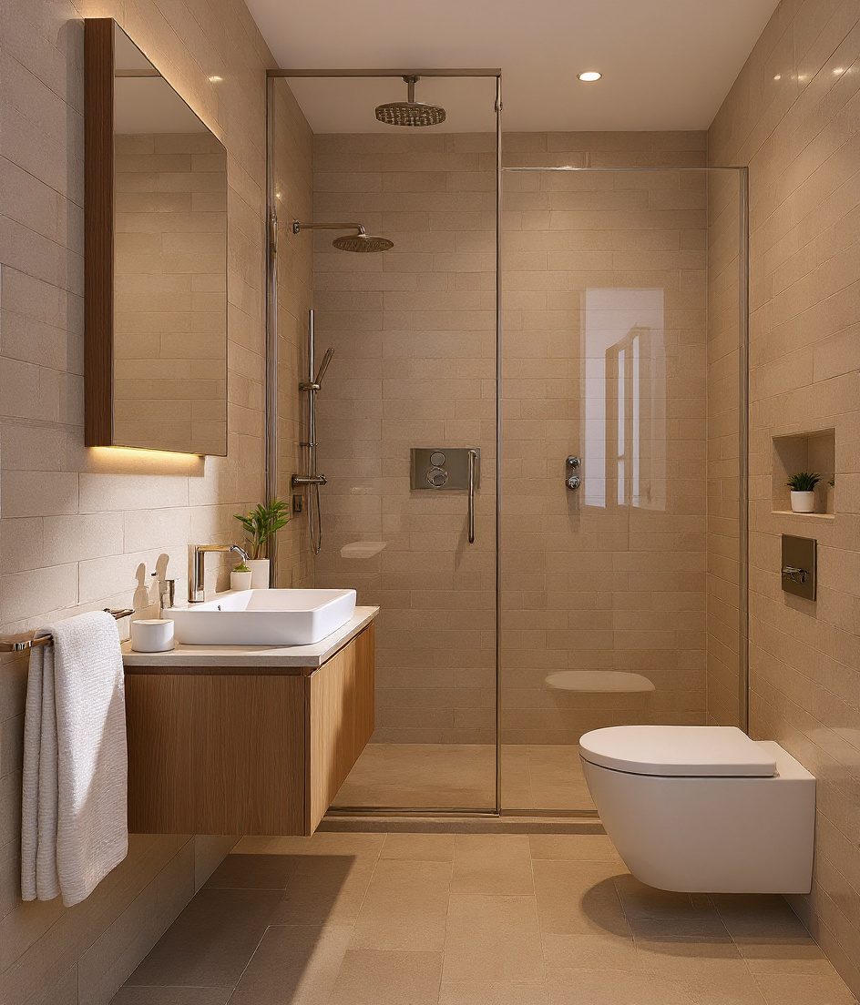 Compact Master Ensuite For Villas — Warm Oak