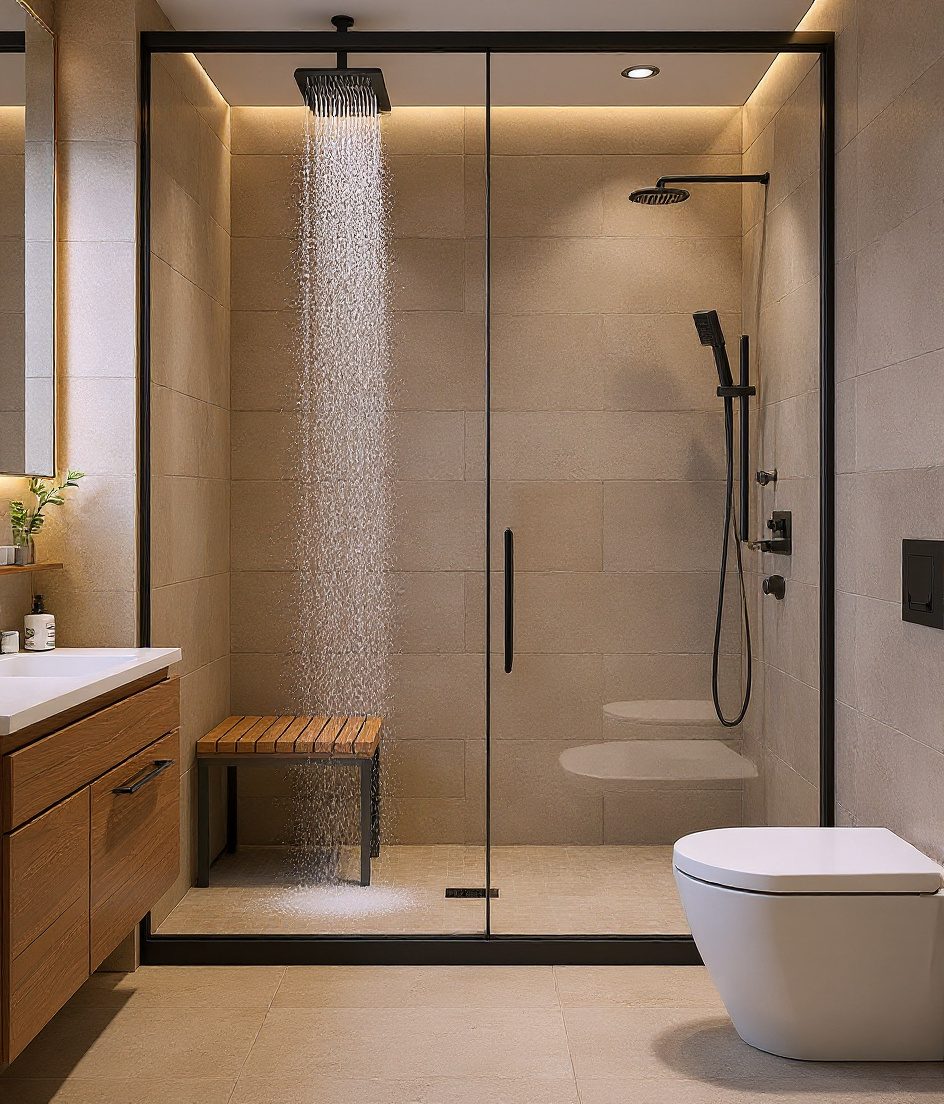 Master Ensuite With Double Shower — Warm Oak