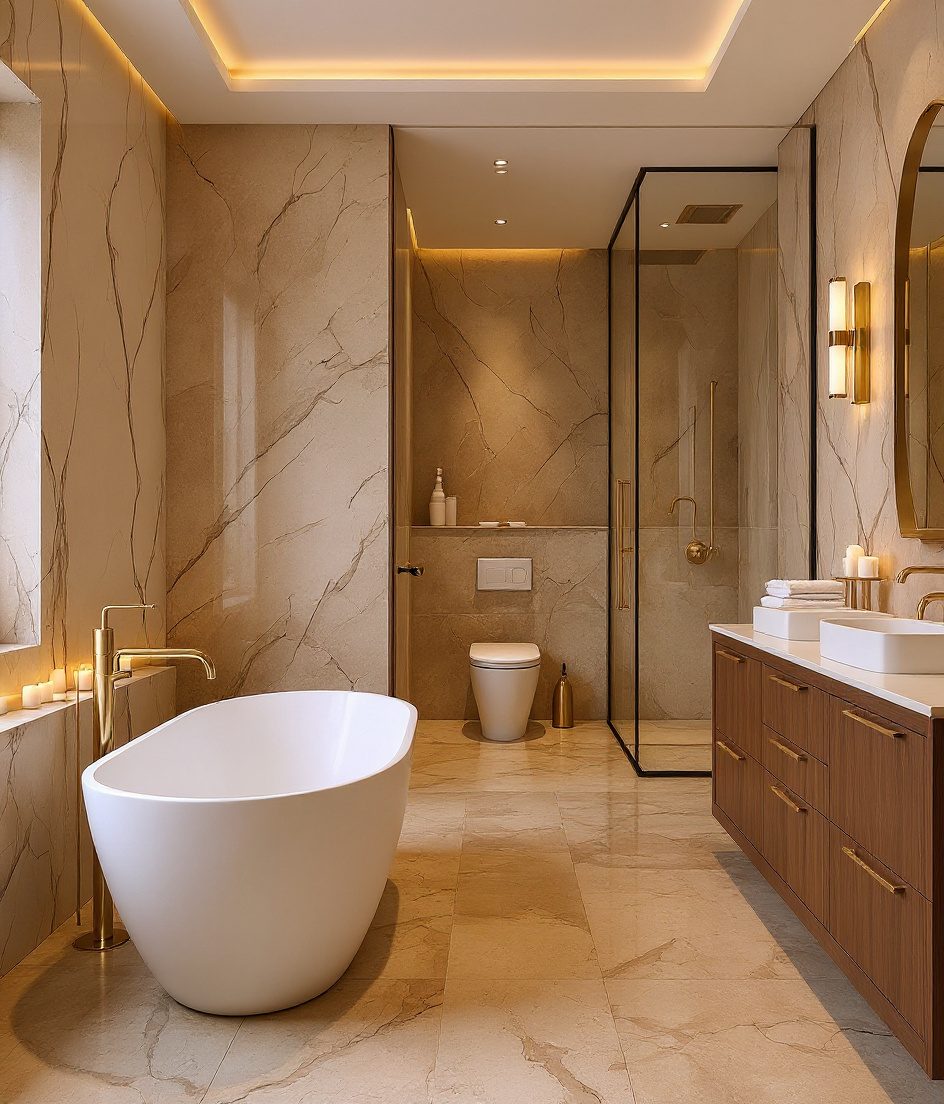 Master Ensuite With Freestanding Tub — Warm Oak