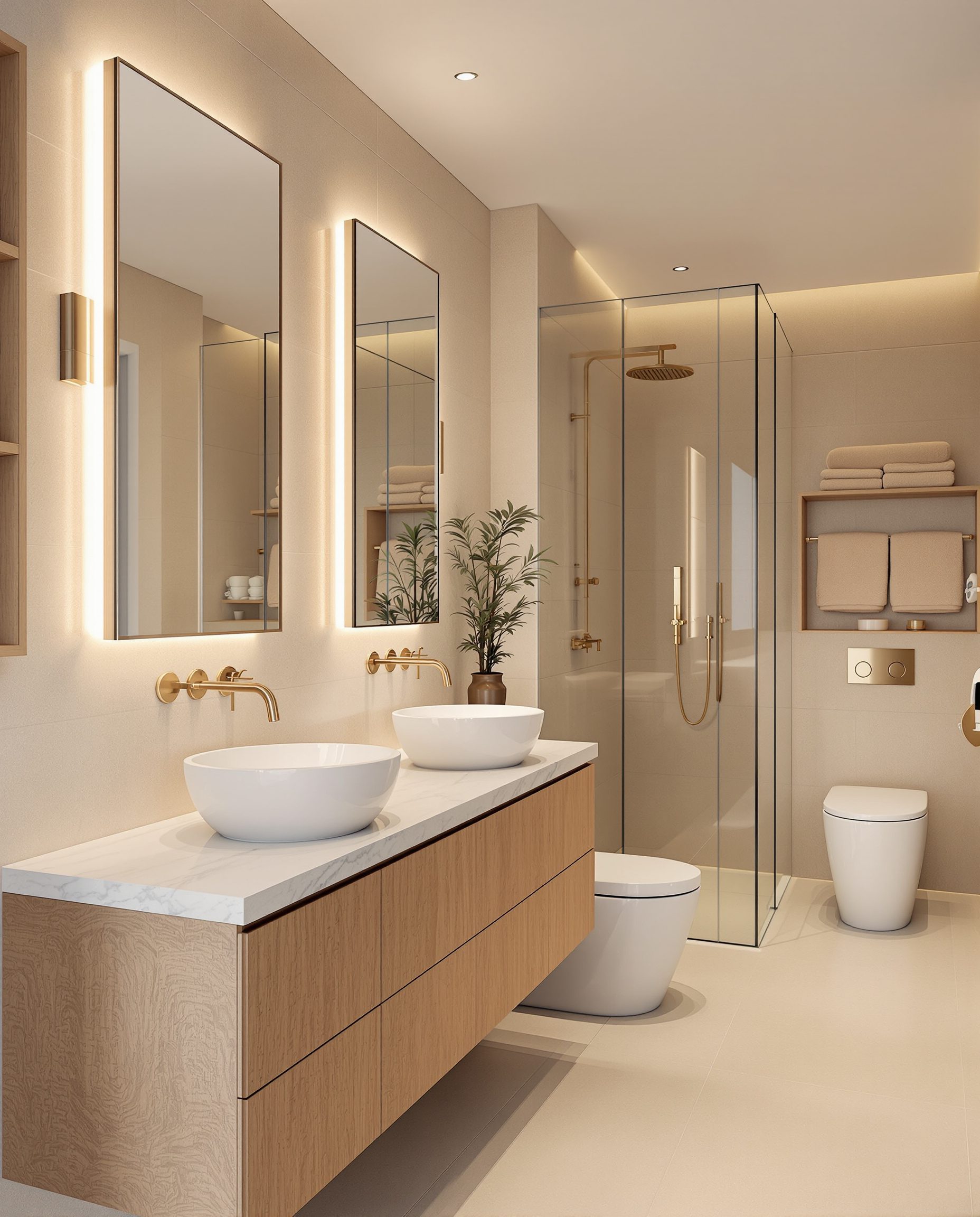 Master Ensuite With Twin Vanity — Warm Oak