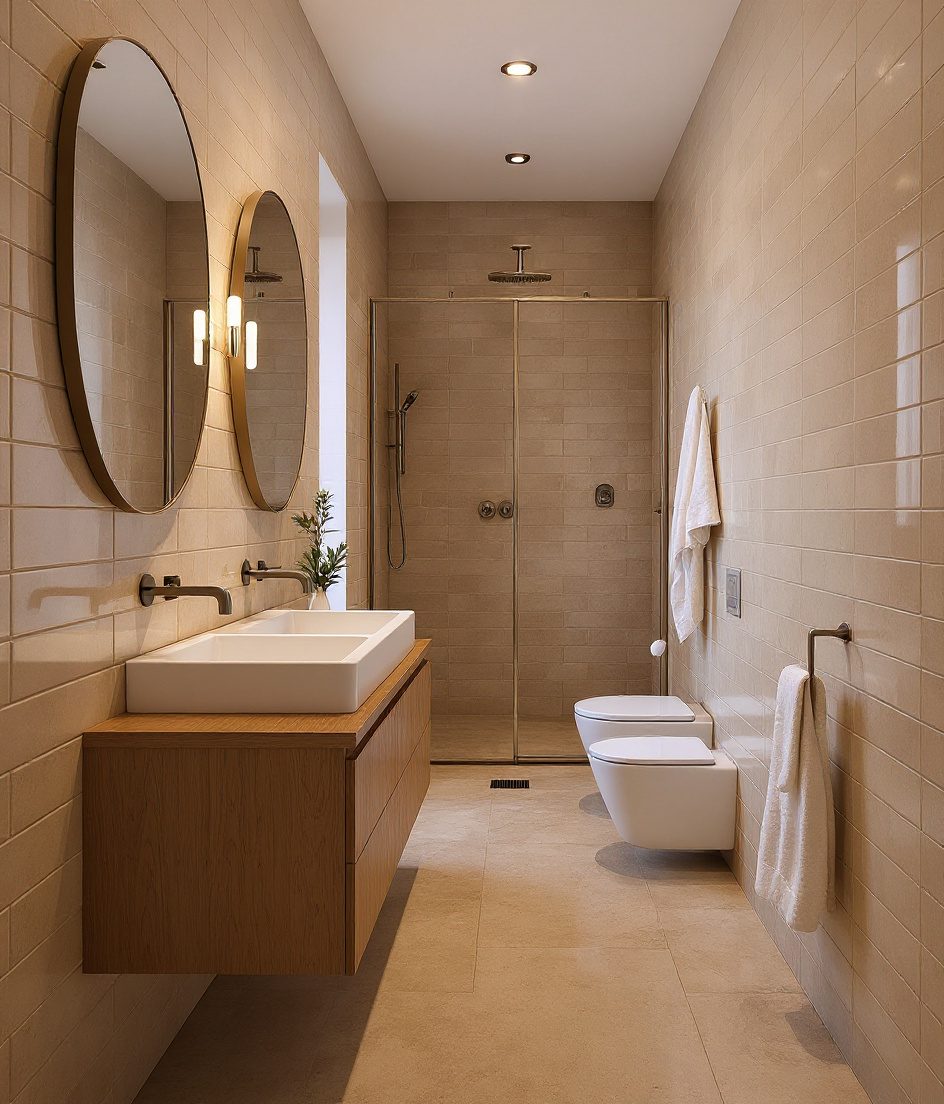 Narrow Galley Bathroom — Warm Oak