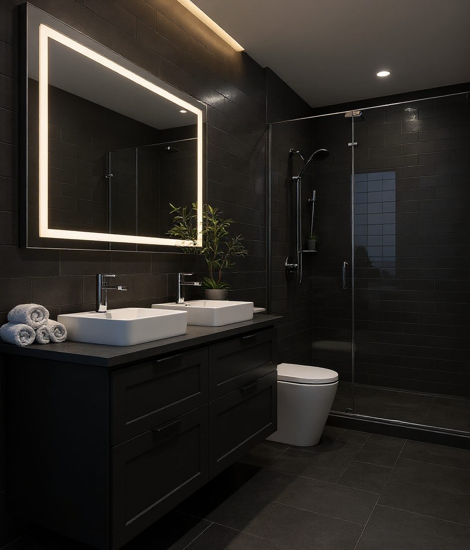 Shared Bathroom With Twin Basins — Charcoal Minimal