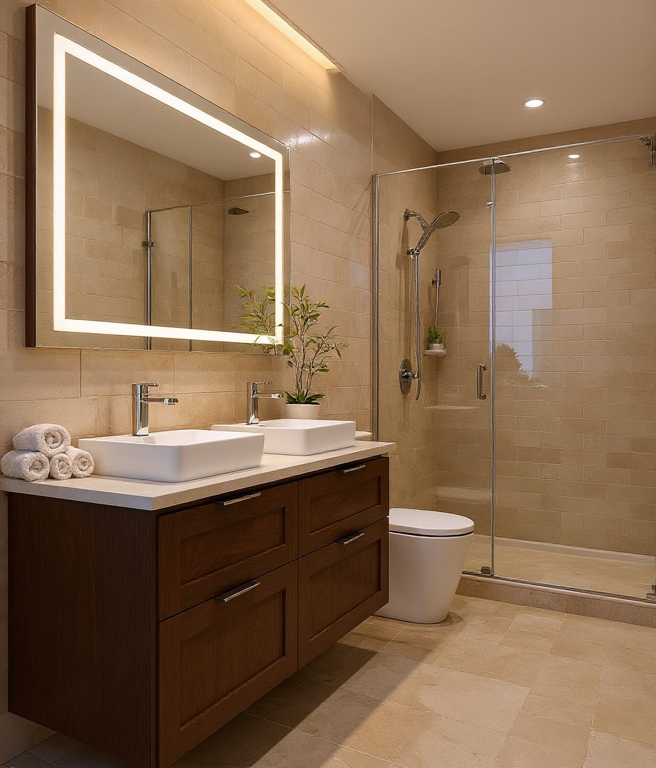 Shared Bathroom With Twin Basins — Walnut Classic