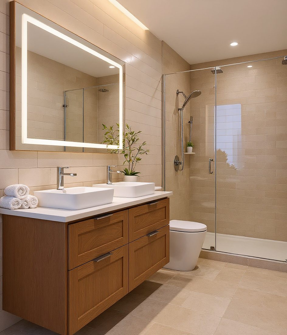 Shared Bathroom With Twin Basins — Warm Oak
