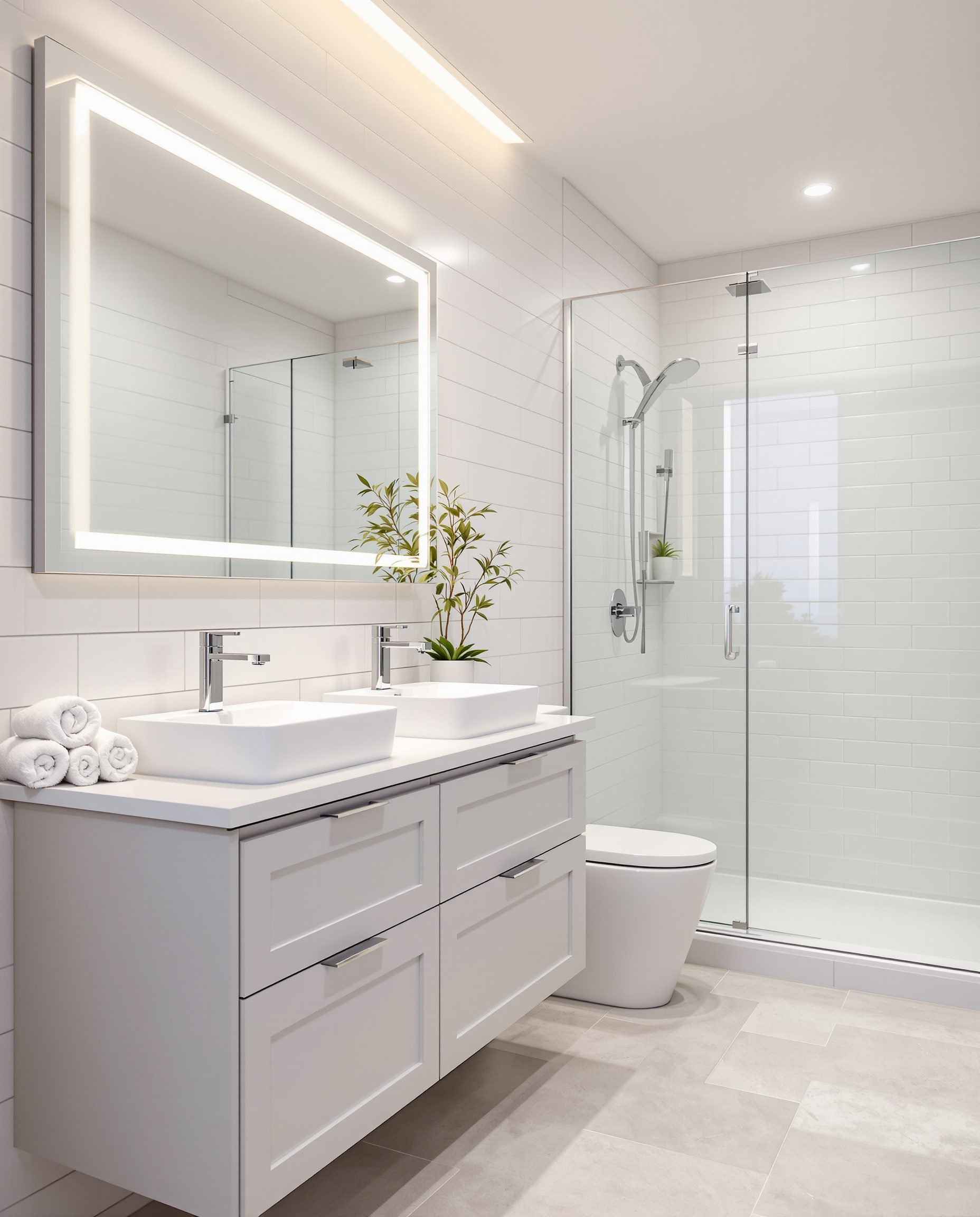 Shared Bathroom With Twin Basins — White Modern