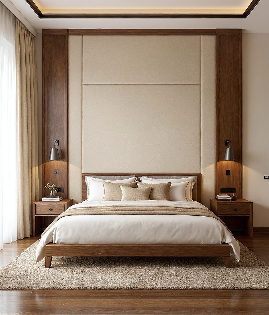 Upholstered Headboard Feature Wall — Warm Oak