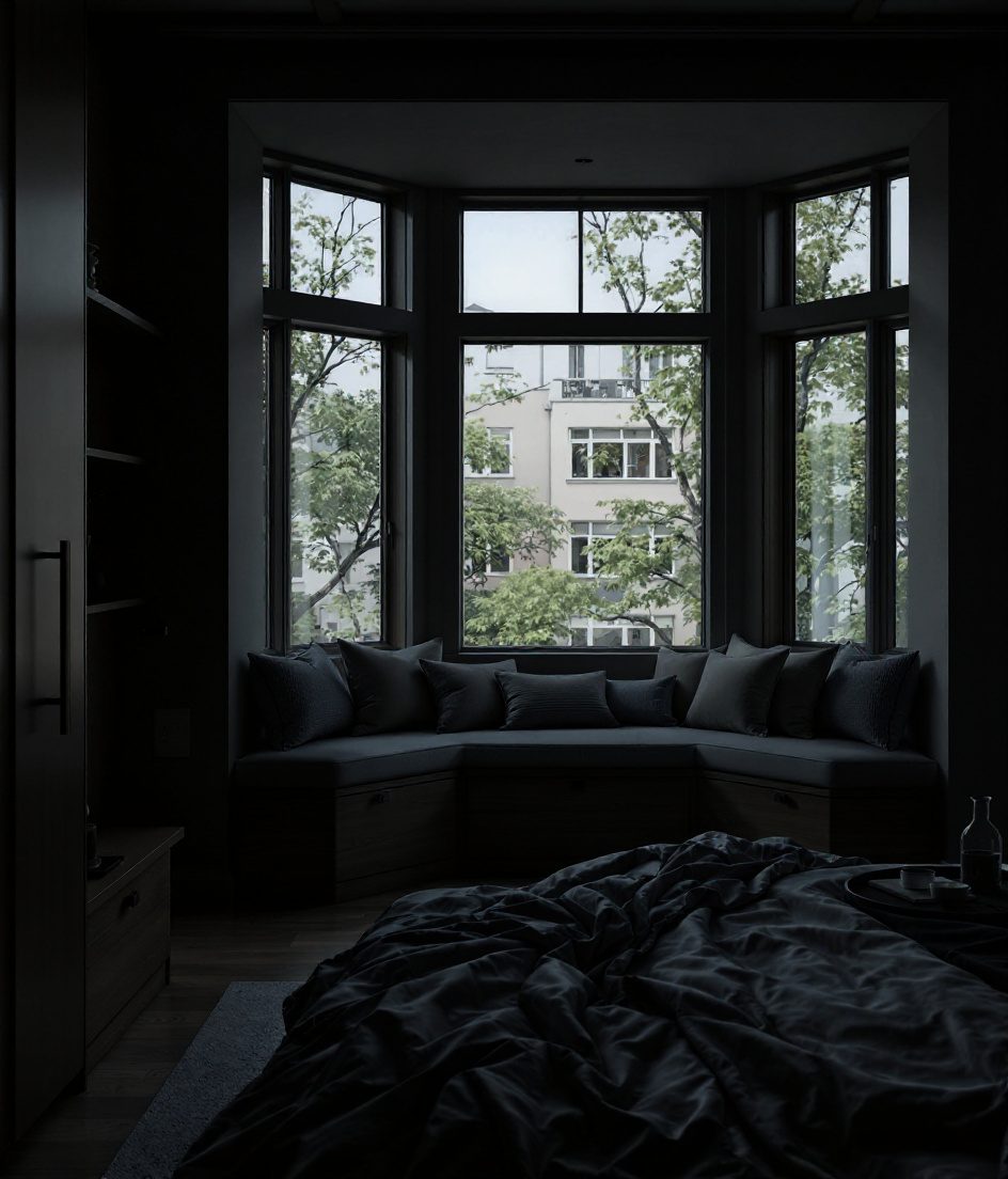 Bedroom With A Bay-Window Seat — Charcoal Minimal
