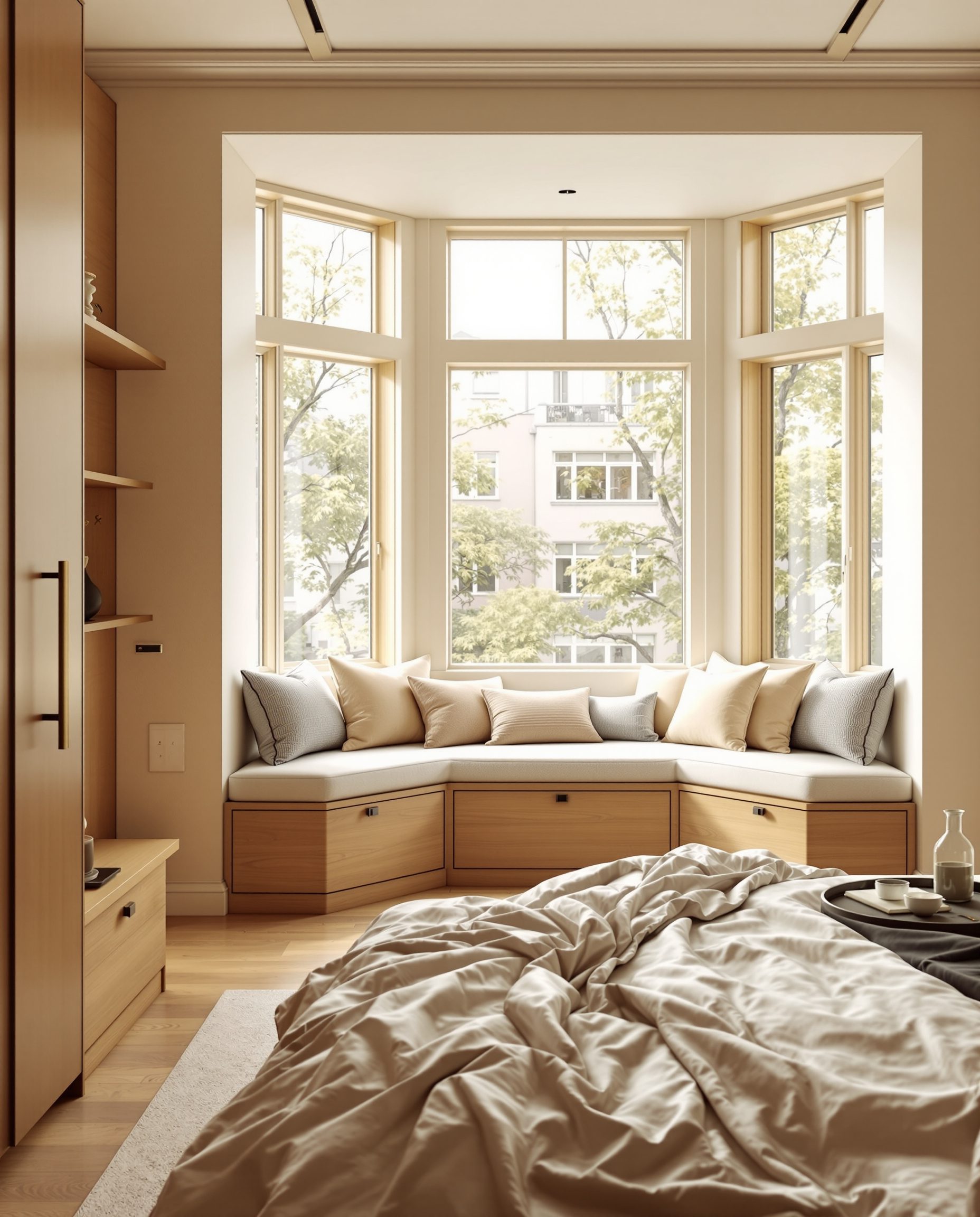 Bedroom With A Bay-Window Seat — Warm Oak
