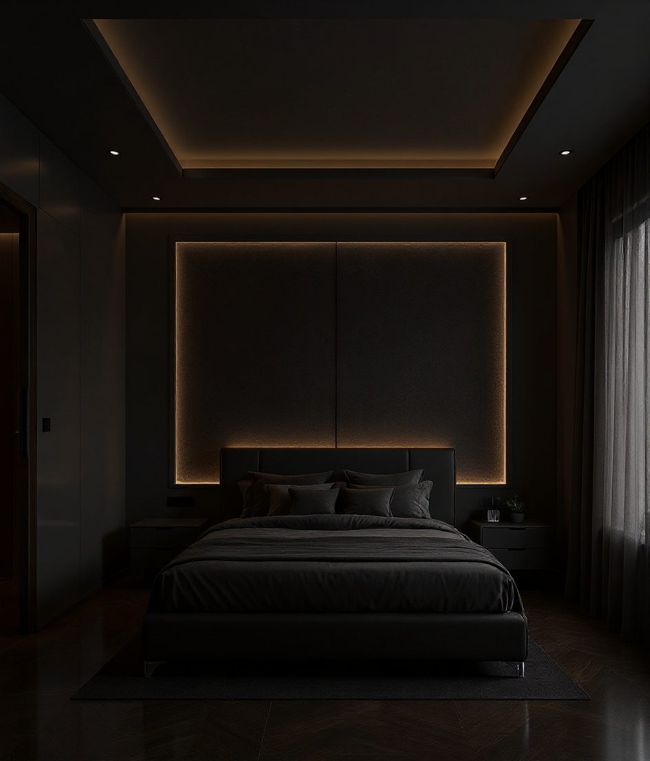 Bedroom With A False Ceiling — Charcoal Minimal