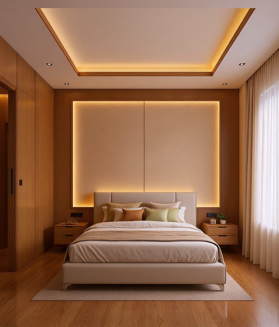 Bedroom With A False Ceiling — Warm Oak