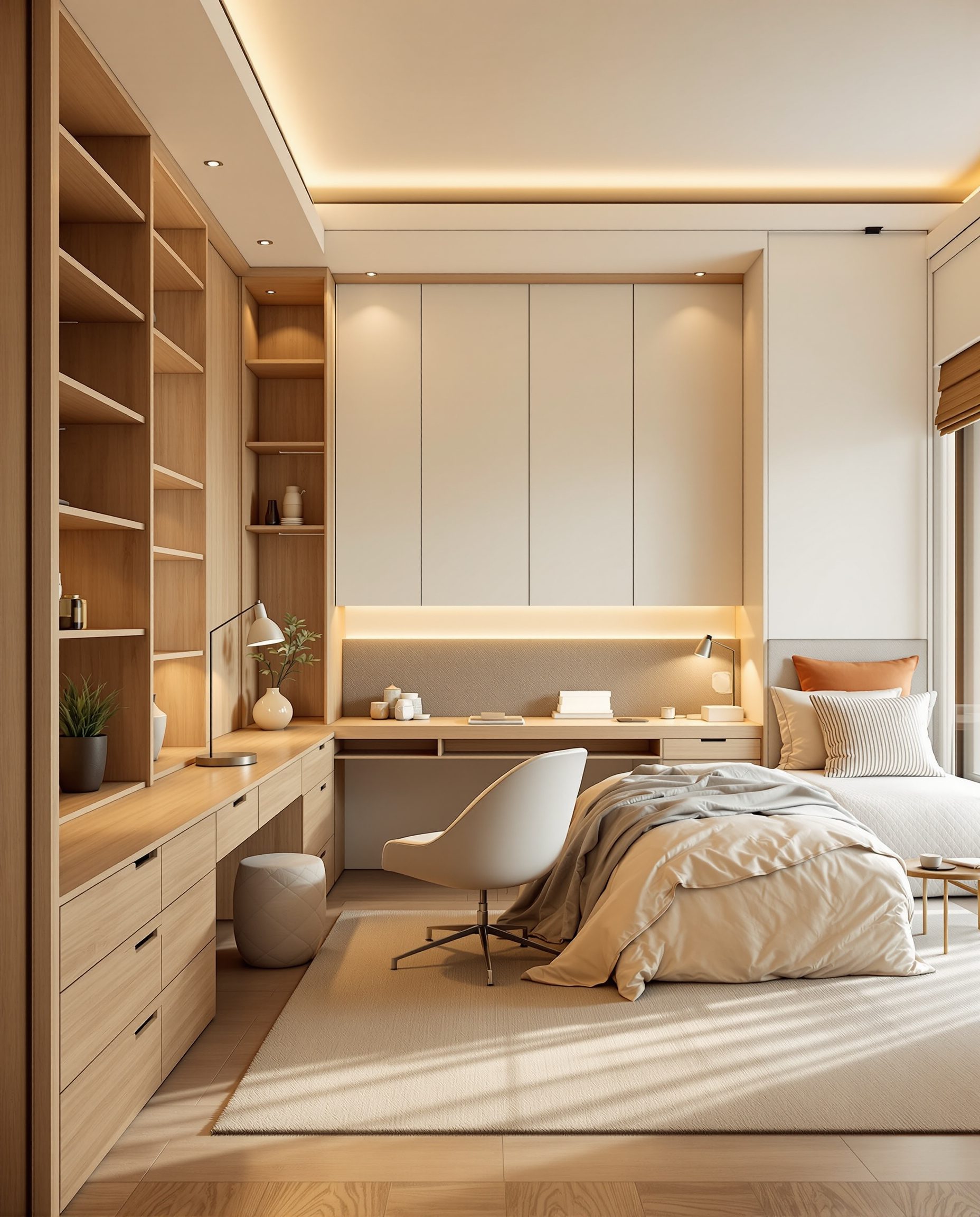 Bedroom With Integrated Study — Warm Oak