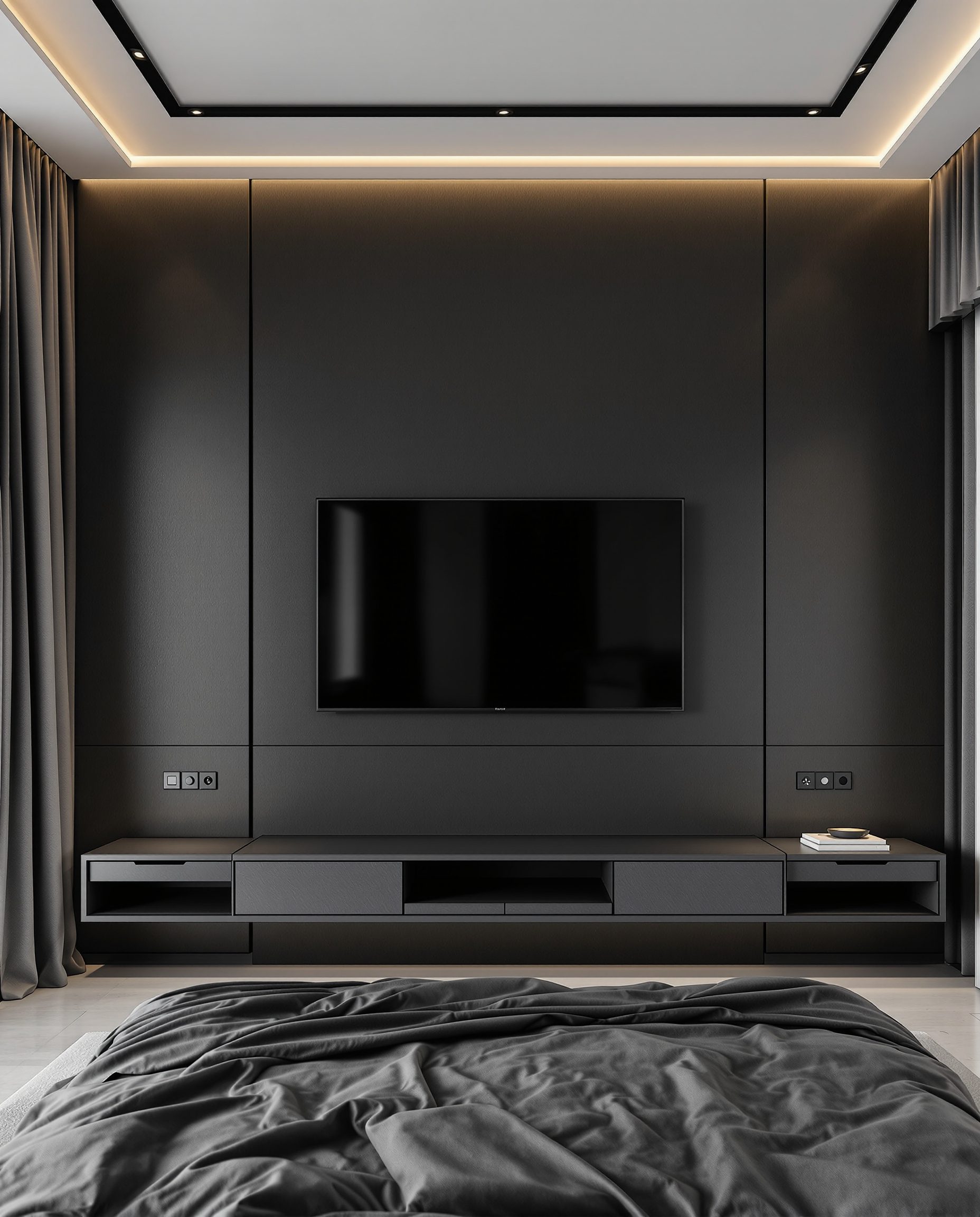 Bedroom With TV Unit — Charcoal Minimal