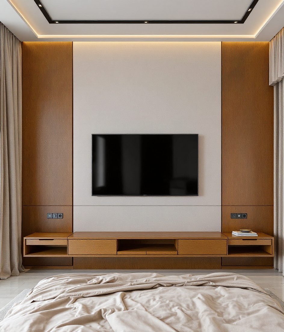Bedroom With TV Unit — Warm Oak