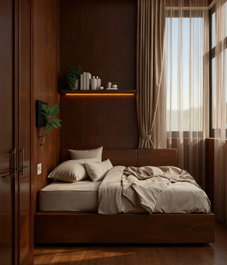 Compact Bedroom For A Small Flat — Walnut Classic