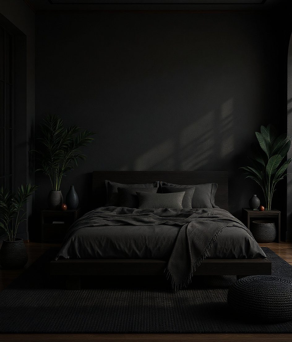 Earthy Natural-Materials Bedroom — Charcoal Minimal