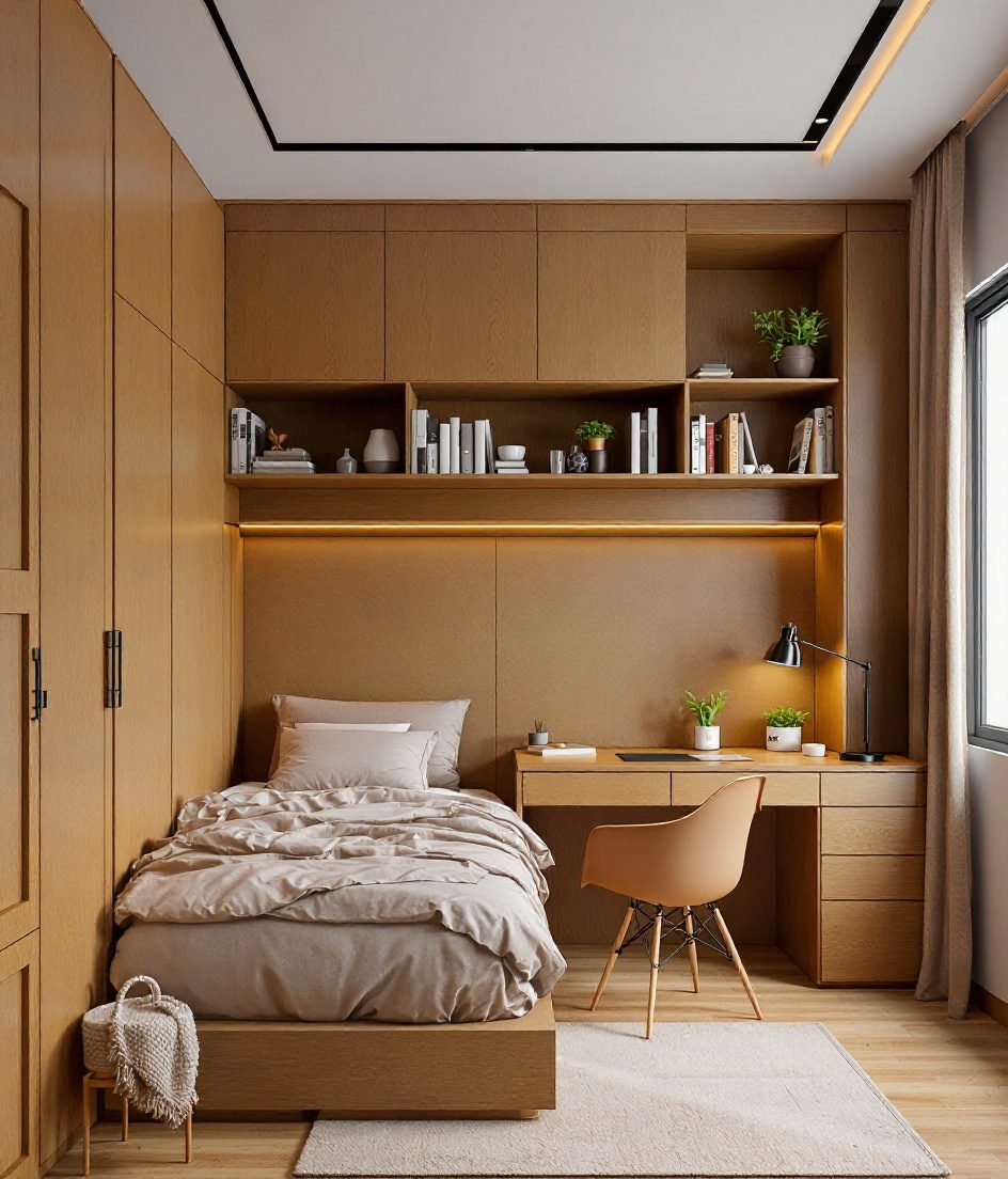 Teen Bedroom With Study Desk — Warm Oak