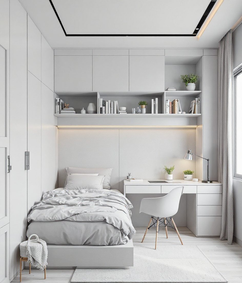 Teen Bedroom With Study Desk — White Modern