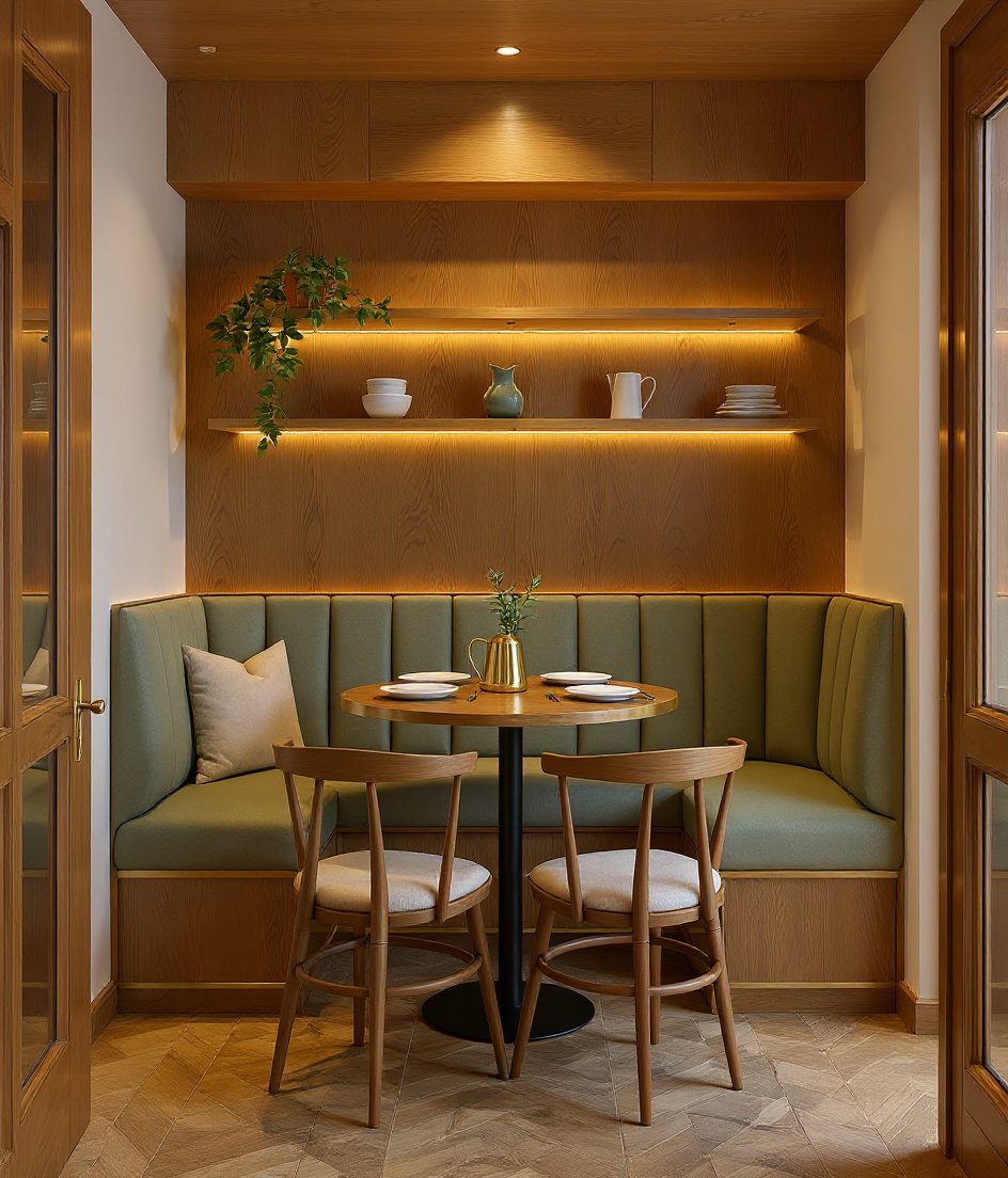 Compact Banquette Bench Dining — Warm Oak