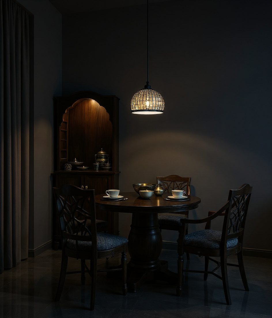 Compact Pooja-Adjacent Dining — Charcoal Minimal
