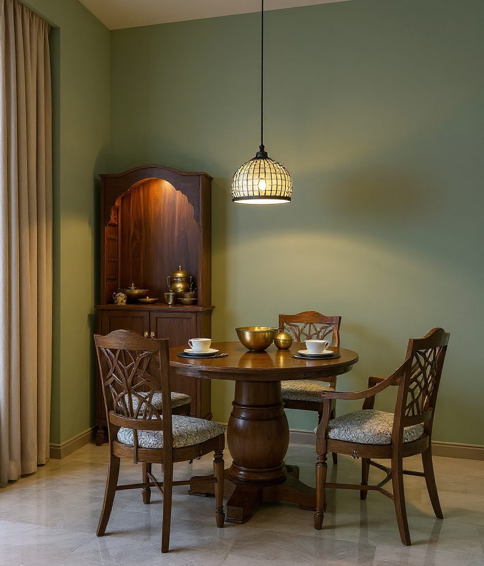 Compact Pooja-Adjacent Dining — Sage & Brass