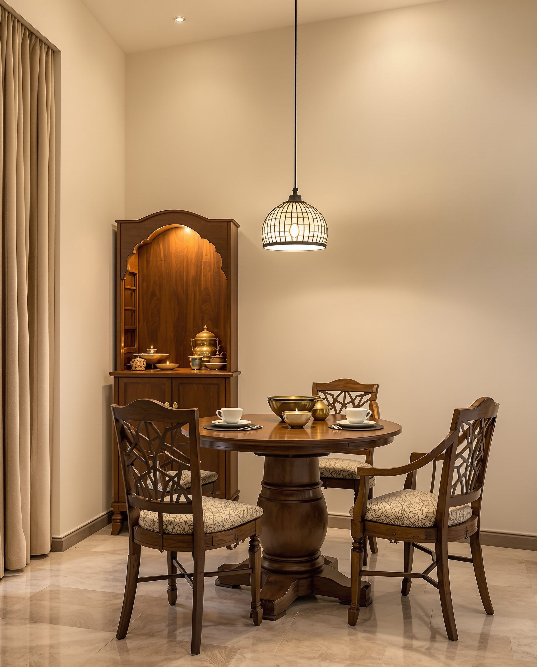 Compact Pooja-Adjacent Dining — Walnut Classic