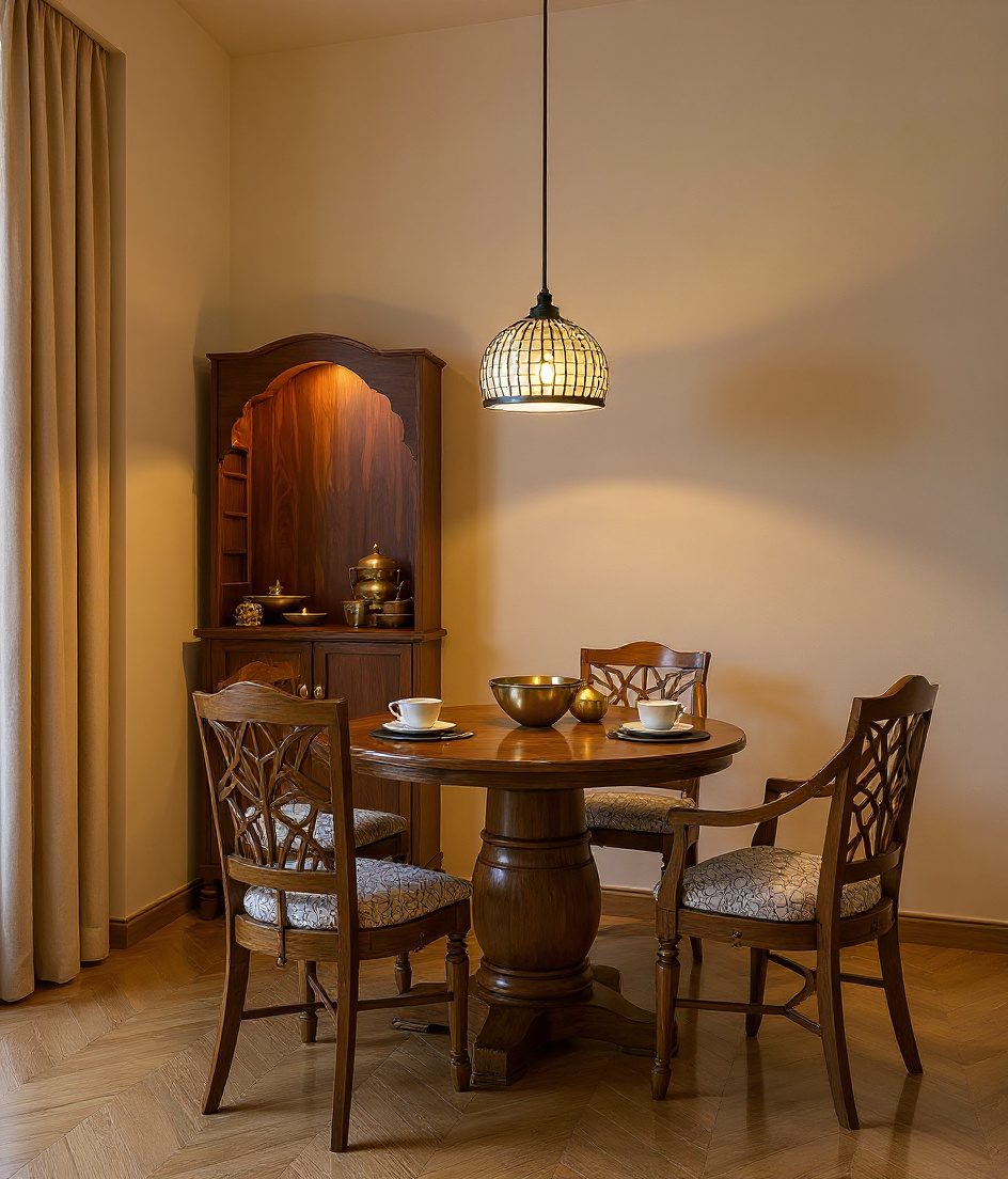 Compact Pooja-Adjacent Dining — Warm Oak