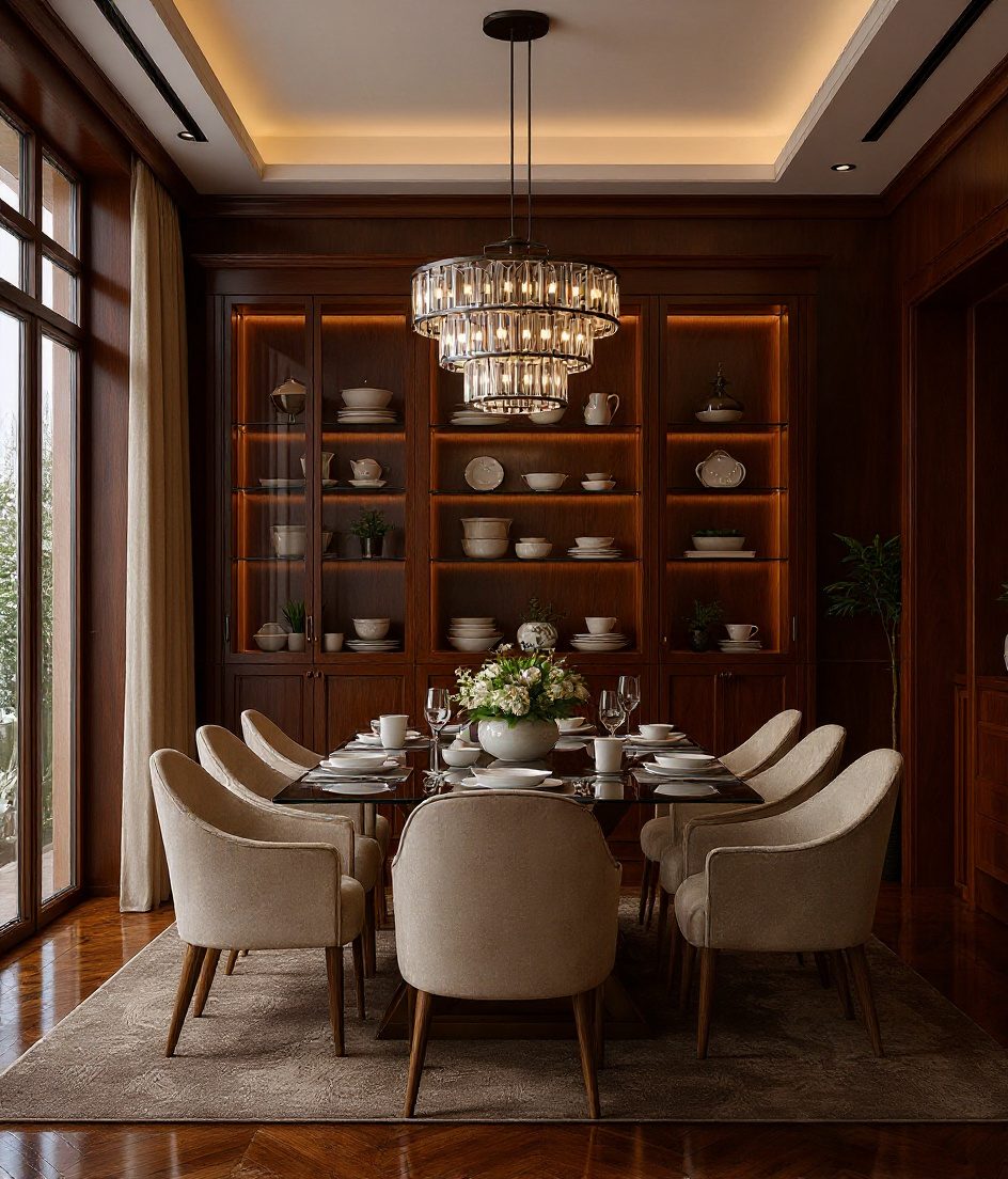 Formal Bright Glass Dining — Walnut Classic