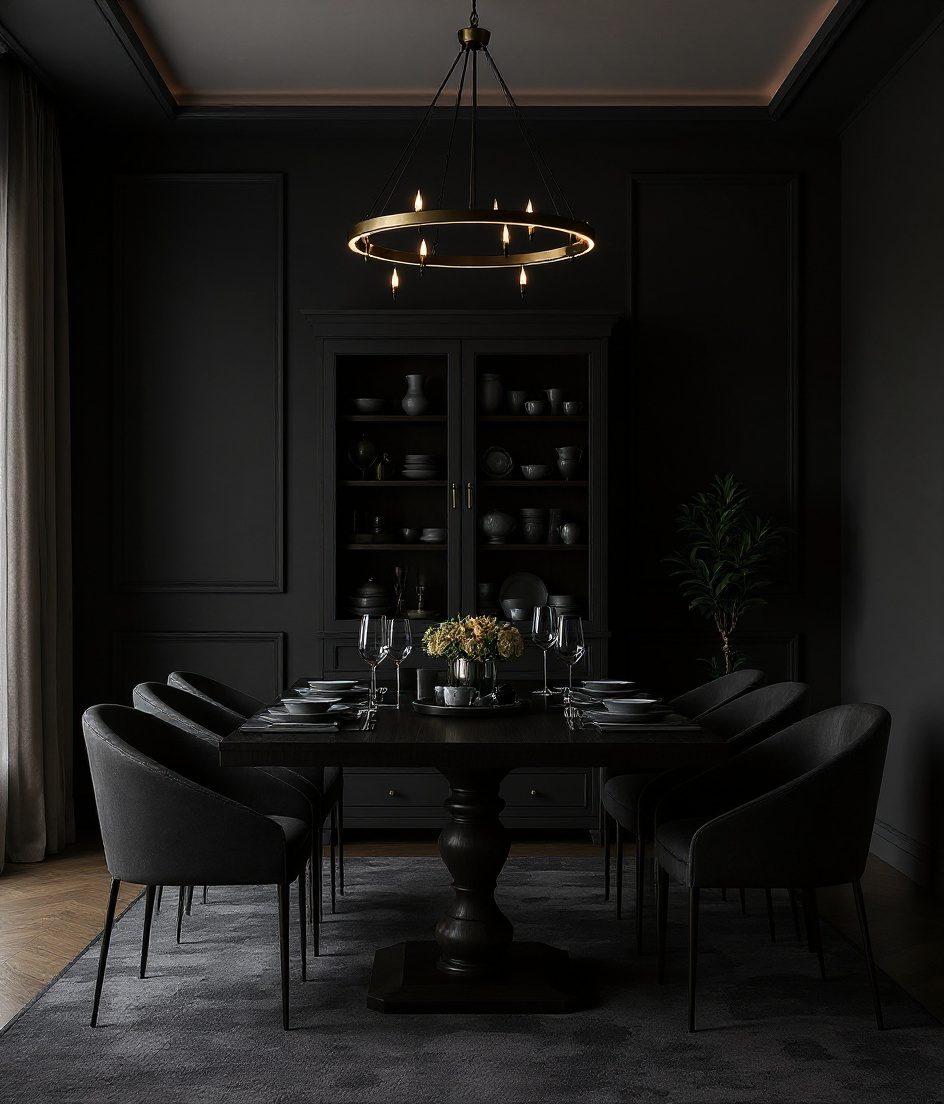 Formal Sage Brass-Accent Dining — Charcoal Minimal