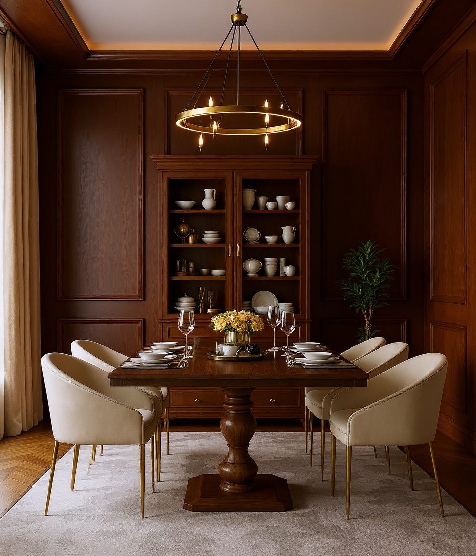Formal Sage Brass-Accent Dining — Walnut Classic
