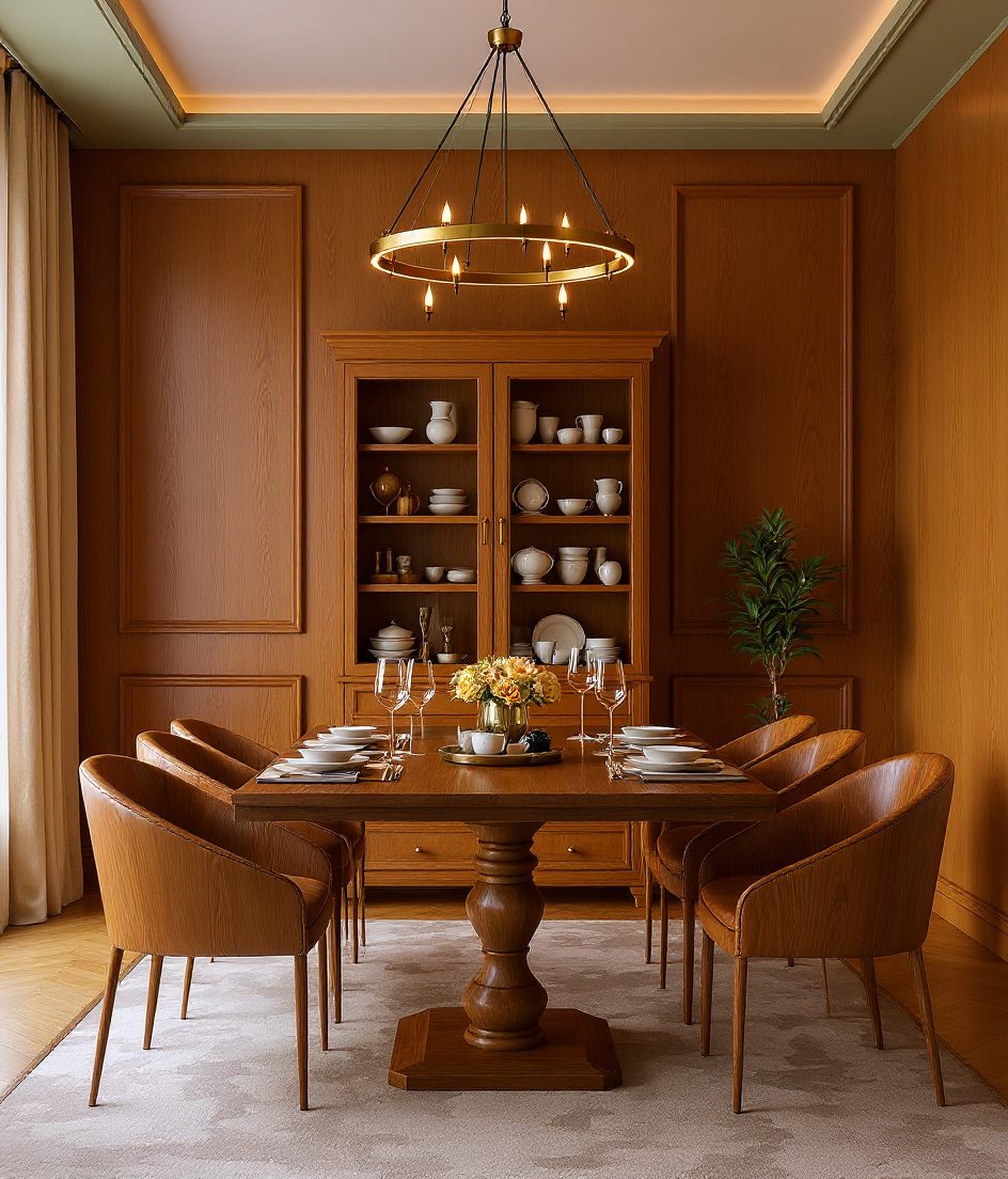 Formal Sage Brass-Accent Dining — Warm Oak