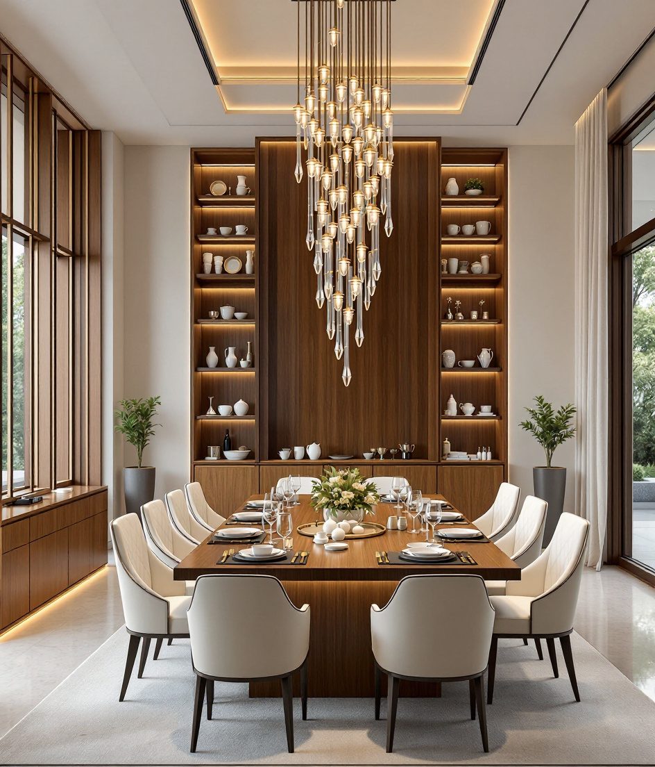 Luxury Double-Height Dining — Warm Oak