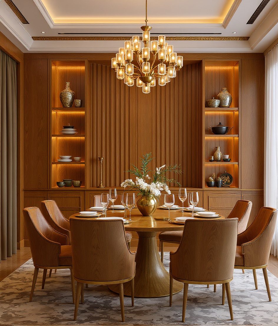 Luxury Sage Brass Villa Dining — Warm Oak