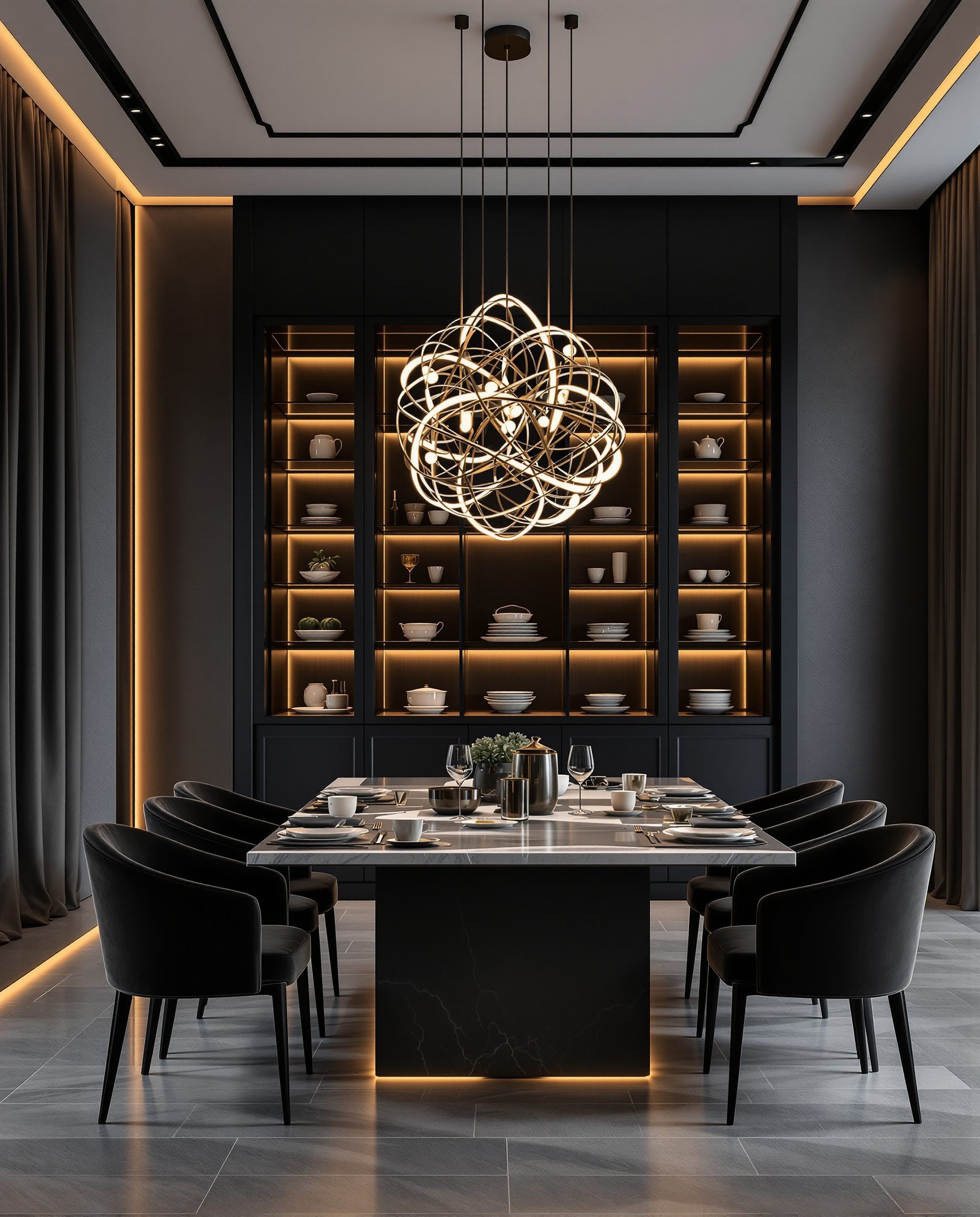 Luxury Statement-Chandelier Dining — Charcoal Minimal