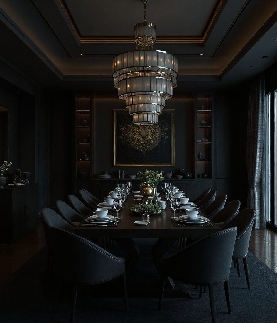 Luxury Warm-Wood Banquet Dining — Charcoal Minimal