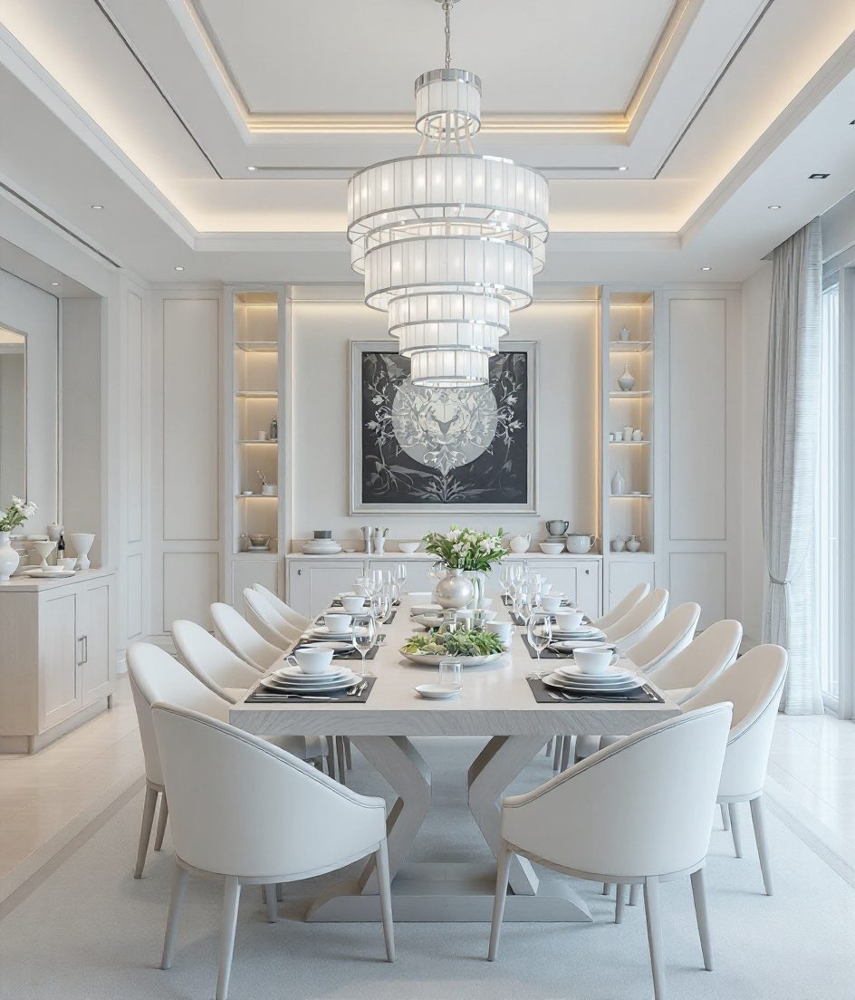 Luxury Warm-Wood Banquet Dining — White Modern