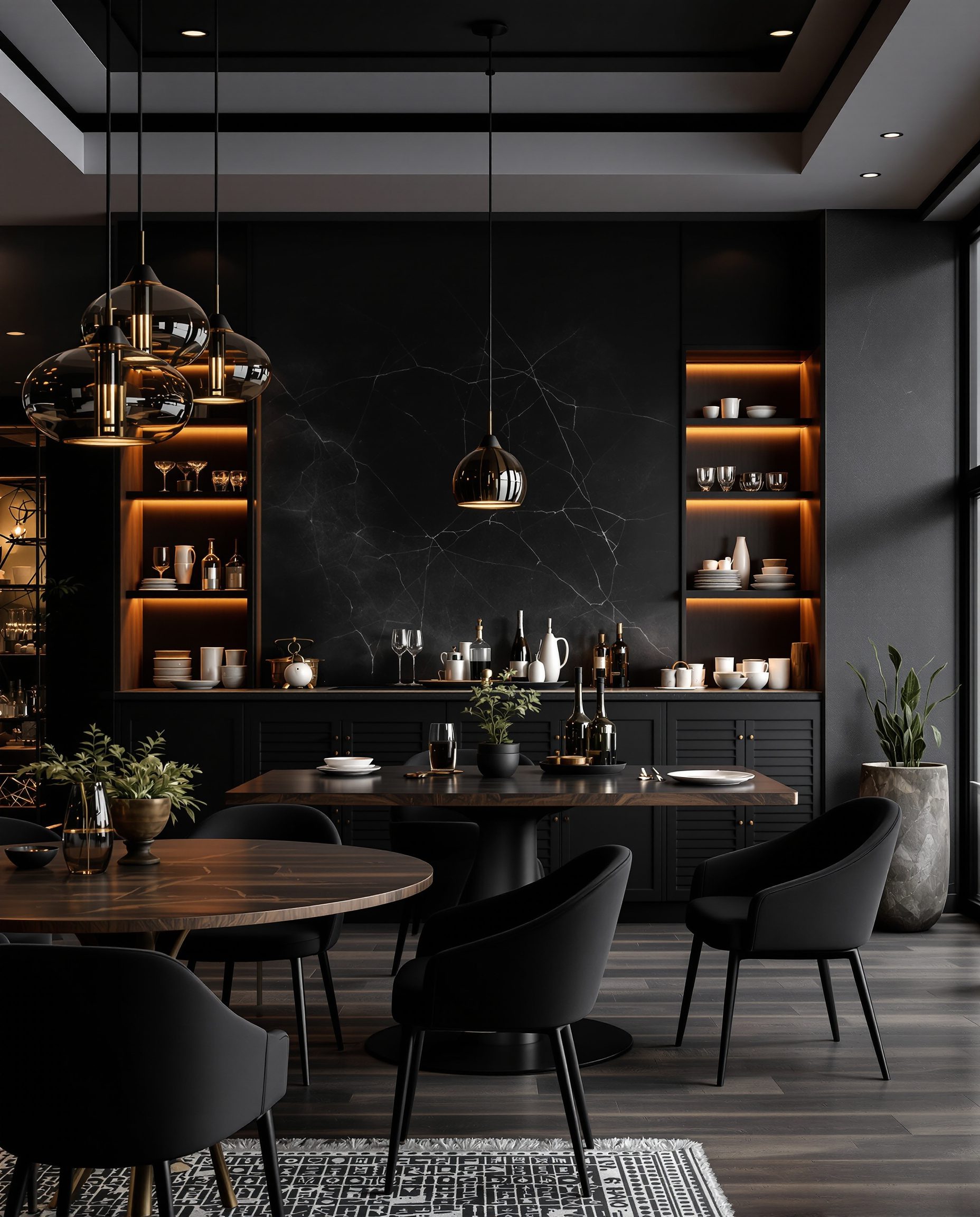 Open-Plan Bar-Adjacent Dining — Charcoal Minimal