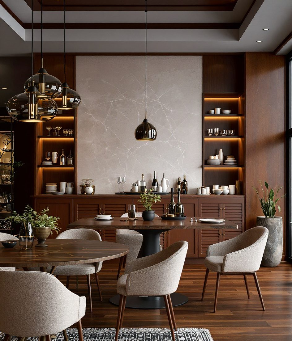 Open-Plan Bar-Adjacent Dining — Walnut Classic