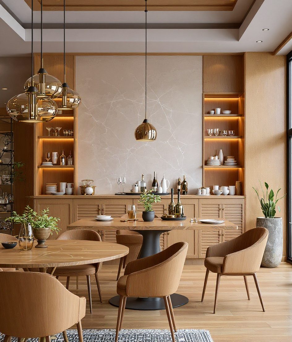 Open-Plan Bar-Adjacent Dining — Warm Oak