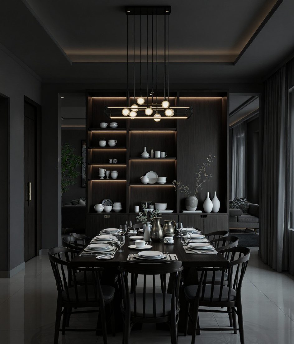 Open-Plan Divider-Shelf Dining — Charcoal Minimal