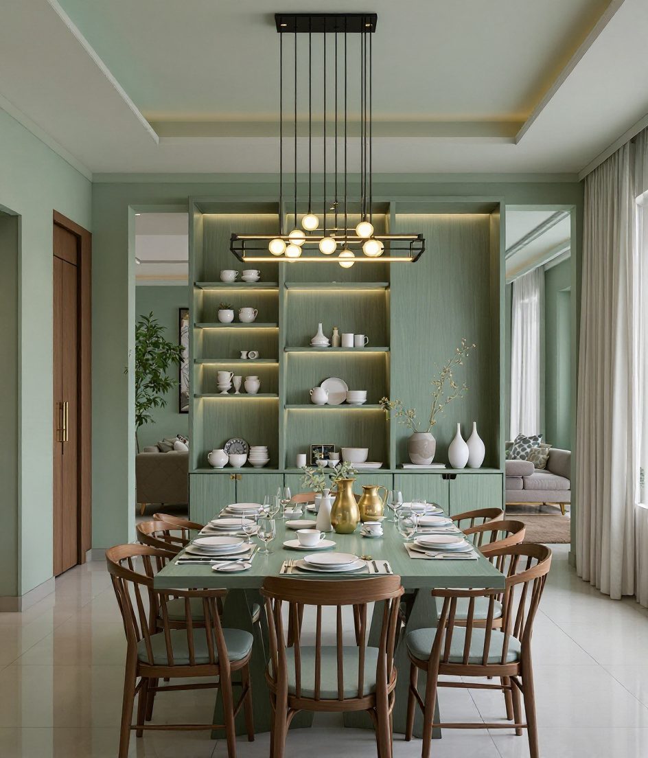 Open-Plan Divider-Shelf Dining — Sage & Brass