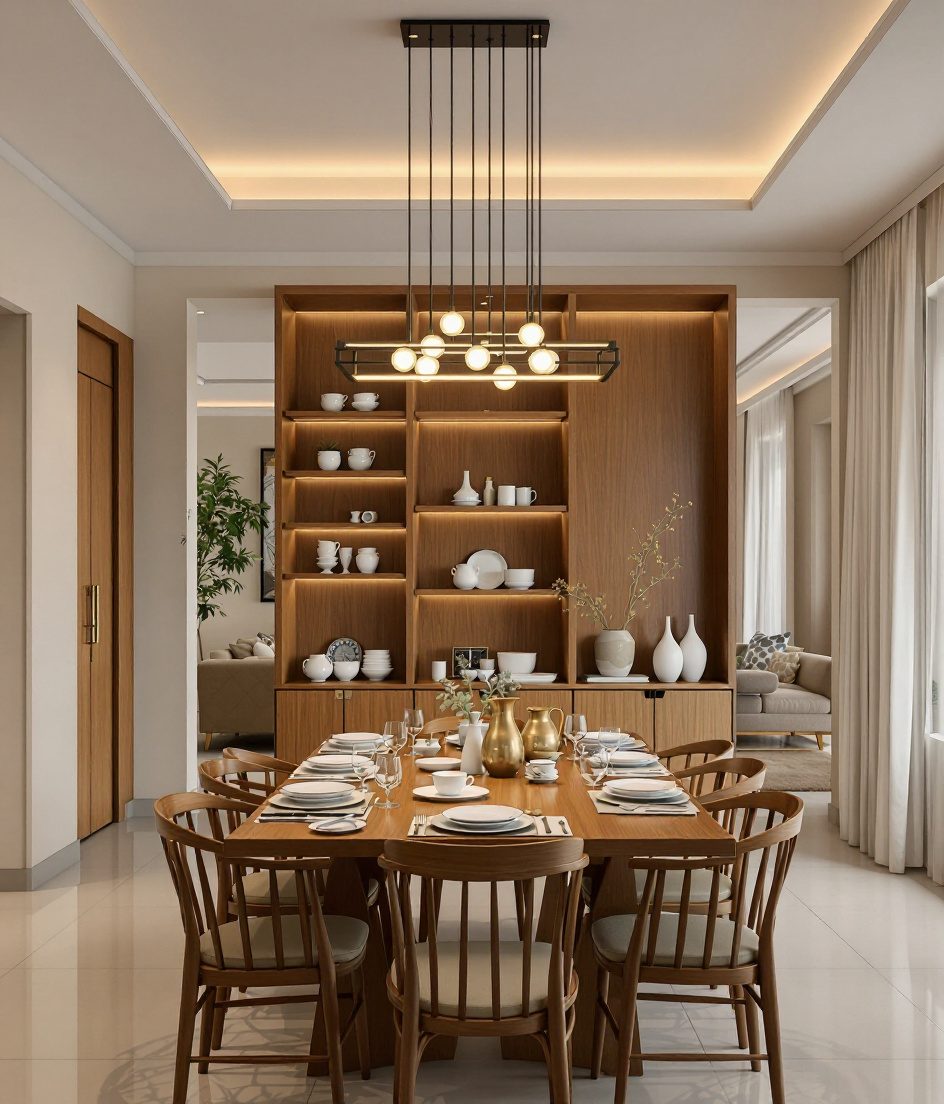 Open-Plan Divider-Shelf Dining — Warm Oak