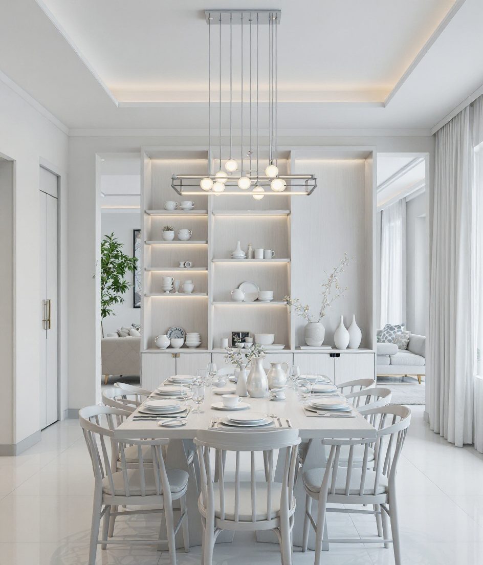 Open-Plan Divider-Shelf Dining — White Modern