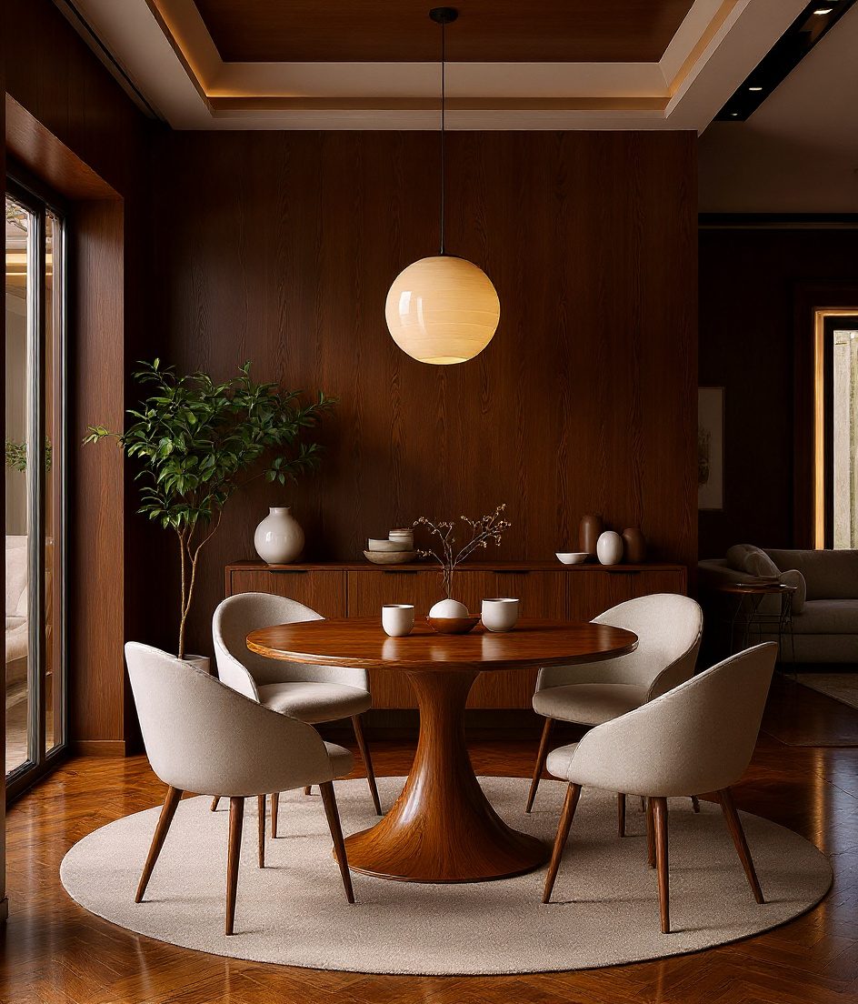 Open-Plan Round Table Dining — Walnut Classic